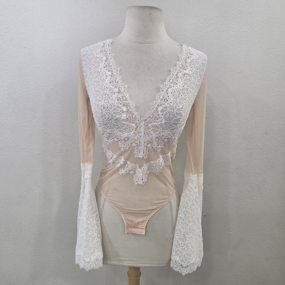 Victoria's Secret Blush Bodysuit with White Lace Trim